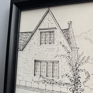Ilustrație / Schiță arhitecturală originală în tuș pe hârtie - fațadă casă englezească - arte vizuale și accesorii  - grafică, ilustrație - desene arhitecturale - Artynos.ro