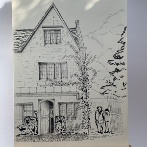 Ilustratie / Schita arhitecturala originala in tus pe hartie - fatada casa englezeasca, Arte vizuale si accesorii , Grafica, ilustratie, Desene arhitecturale, Fotografie, grafica, desen, ilustratie, Ilustratie originala realizata in tus, cu multa rabdare, in tehnica hasurata, care pune in valoare ..., ARTYNOS