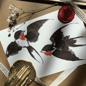 Carte postala originala ilustrata cu randunele - handmade pasari ilustrate in acuarela - Artynos.ro