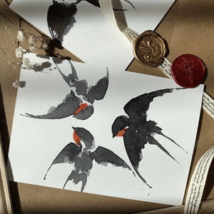 Carte postala originala ilustrata cu randunele - handmade pasari ilustrate in acuarela, Casa & Stil de viata, Produse de papetarie, Carti postale, Fotografie, grafica, desen, ilustratie, Pictura, ARTYNOS