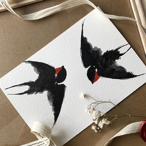 Carte poștală originală ilustrată cu rândunele - handmade păsări ilustrate în acuarelă - casă & stil de viață - produse de papetărie - cărți poștale - Artynos.ro