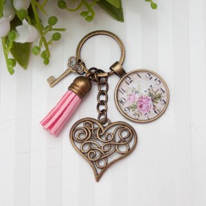Breloc, ornament pentru geanta - Floral inima bronz antic roz, Geanta si husa, Accesorii genti, Breloc, , ARTYNOS