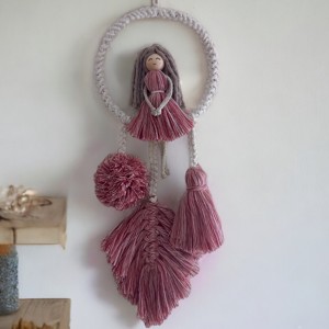 Decoratiuni de perete Macrame cu frunze si pompom - decoratiuni pentru copii pe cerc, shake de capsuni / ecru, , , ARTYNOS