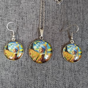 Lentile de sticla, colier din otel medical si set de cercei inspirat de Van Gogh si Vermeer, , , ARTYNOS