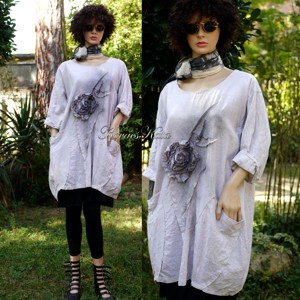 DIRTY ROSE - tunica artsy din in, rochie cu design lagenlook, Imbracaminte si moda, Haine dama, Tunica, Cusatura, Obiecte pictate, ARTYNOS