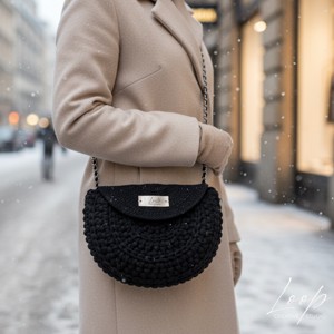 Noir � geantă din bumbac negru, căptușită, croșetată manual - genți și portofele - genți de mână și umăr - genți de umăr - Artynos.ro