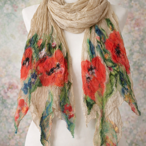 Esarfa de matase naturala impaslita cu flori de lana merinos , Imbracaminte si moda, Esarfe, palarii, fularuri, Esarfe, , Esarfa de matase naturala impaslita cu flori de lana merinos si fibre diverse , ARTYNOS