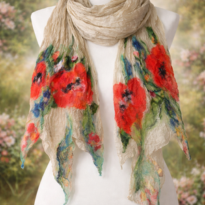 Eșarfă de mătase naturala împaslita cu flori de lana merinos  - îmbrăcăminte și modă - eșarfe, pălării, fularuri - eșarfe - Artynos.ro