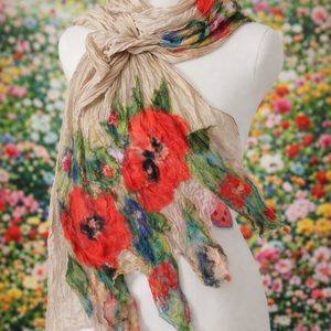 Eșarfă de mătase naturala împaslita cu flori de lana merinos  - îmbrăcăminte și modă - eșarfe, pălării, fularuri - eșarfe - Artynos.ro