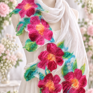 Flori de lana impaslite pe matase naturala , Imbracaminte si moda, Esarfe, palarii, fularuri, Esarfe, Fetruire, ARTYNOS