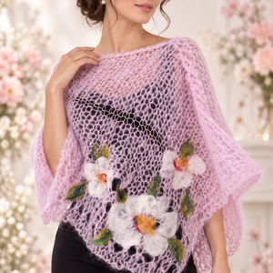 Poncho tricotat cu flori impaslite , Imbracaminte si moda, Haine dama, Poncho, , ARTYNOS
