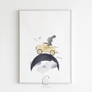 Imagine personalizată cameră copii, decorare cameră copii, iepuraș, lună, curcubeu artă de perete set de 3 -  - Artynos.ro