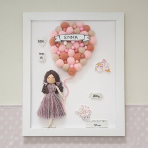 Cadou unic si personalizat pentru petrecerea bebelusului � Macramé fetita cu balon, detalii despre nastere, intr-o rama alba, Casa & Stil de viata, Decoratiuni de casa, Decoratiuni de pereti, Decor de pereti, macrame, , ARTYNOS