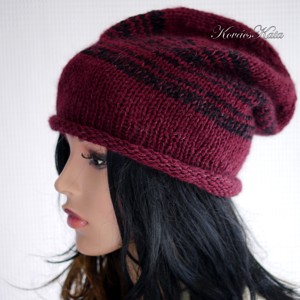 BEANIE LUX / camel - șapcă trendy tricotată manual camel-merino-kidmohair / burgundy+black - îmbrăcăminte și modă - eșarfe, pălării, fularuri - căciulă - Artynos.ro