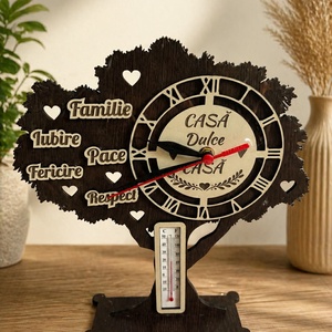 Ceas decorativ din lemn Casa Dulce cu termometru � design in forma de copac, Casa & Stil de viata, Decoratiuni de casa, Decoratiuni de masa si rafturi, Decoratiuni de masa, Gravare, pirogravura, ARTYNOS