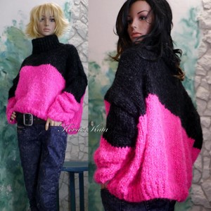 CRAZY SEXY - pulover extravagant tricotat manual, supradimensionat / roz neon + negru - îmbrăcăminte și modă - haine damă - hanorace, cardigane - Artynos.ro