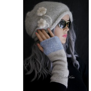 BOSZI-KESZTYŰ / mistery lux - manusa exclusiv tricotata manual, incalzitoare de mana / bej+albastru, Imbracaminte si moda, Esarfe, palarii, fularuri, Manusa, Impletitura, ARTYNOS