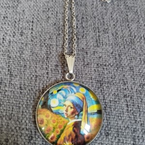 Lentile de sticlă, colier din oțel medical cu motive Van Gogh și Vermeer -  - Artynos.ro