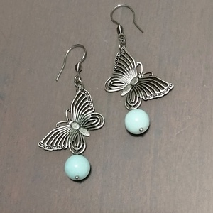 Amazonit, Bijuterii, Cercei, Cercei din pietre semipretioase, Confectionarea bijuteriilor, Cercei din fluturasi de 18x30mm placati cu argint, decorati cu sfera de 9 mm din amazonit si tortit..., ARTYNOS