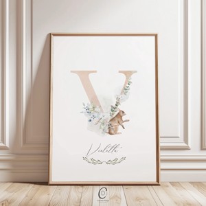 Scrisoarea V, monograma, imagine de ziua numelui, decorare, arta de perete verde, poster cu animale de padure, , , ARTYNOS